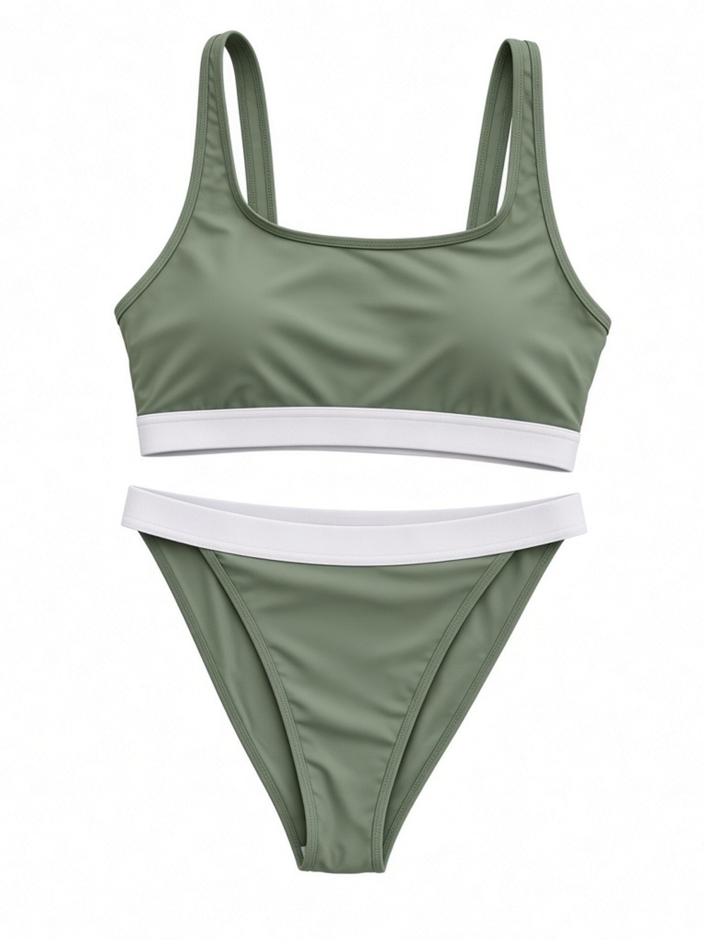 Women’s Olive Green Two-Piece Swim Set with White Trim